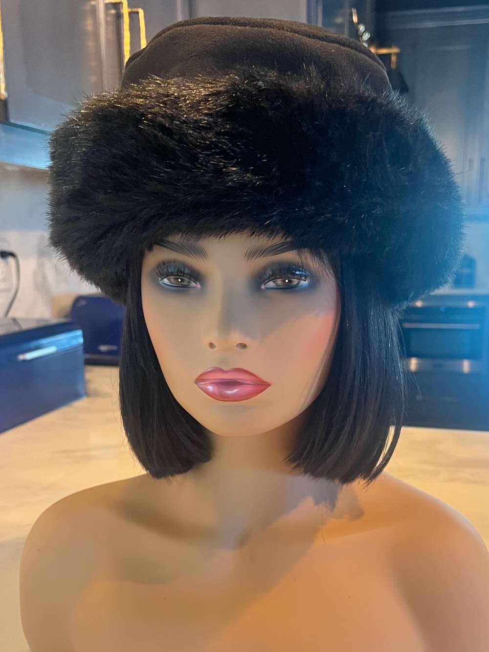 Vintage Betmar Black Faux Fur & Suede Russian Cossack Winter Pillbox Hat